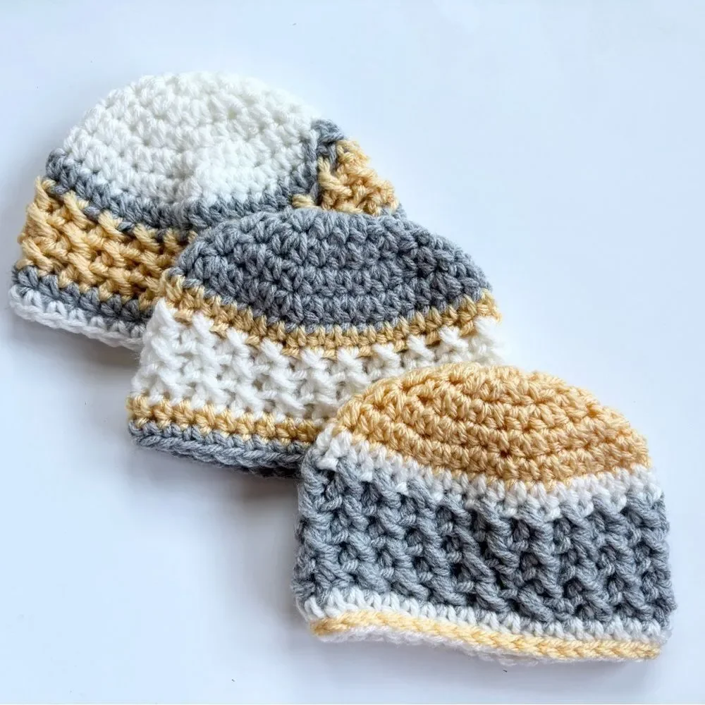 Set of 3 Crochet Baby Hats 0-3 Yellow Grey White